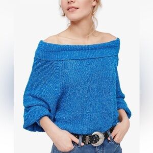 Free People Edessa Off The Shoulder Sweater Pullover Balloon Sleeve Blue Small